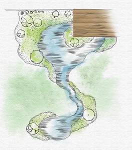 Проект композиции "Извилистый ручей с двумя водоемами" размером 19 на 15 метров.