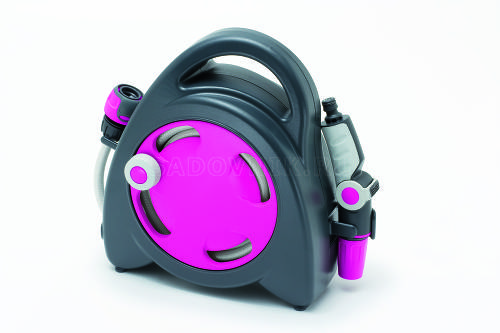AQUA BAG мини катушка со шлангом 11,5 м + 3-режим. распылитель, 2 муфты, переходник на кран с внутр. резьбой 3/4" (цвет ФУКСИЯ)